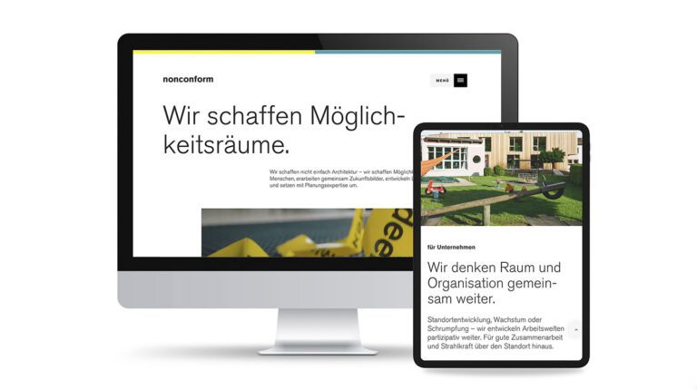 Mockup der Website Nonconform auf IMac und Ipad. Website von Designstudio Identity Lab, Wien.