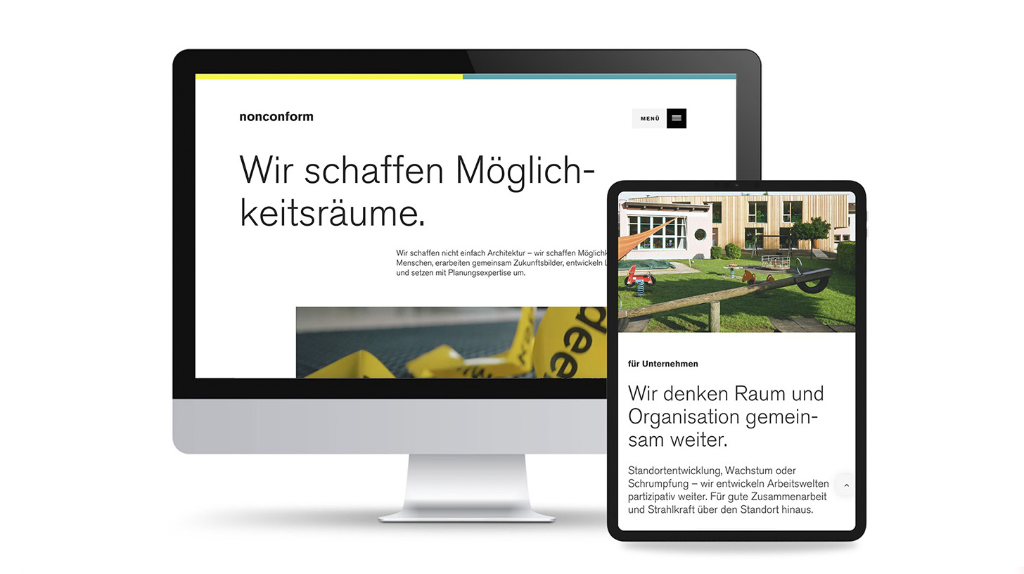 Mockup der Website Nonconform auf IMac und Ipad. Website von Designstudio Identity Lab, Wien.