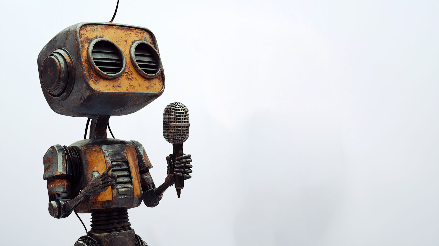 Roboter mit Mikrophon - Titelbild für den Blogpost KI Stimmen - Menschen durch Maschinen ersetzen?
