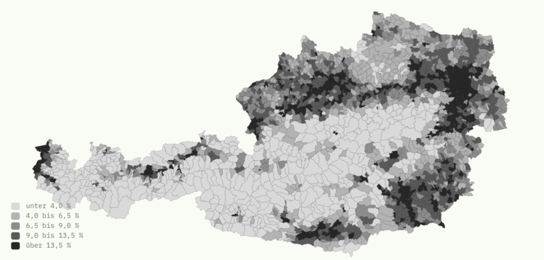 Österreichkarte mit dem Anteil verbauter Fläche je Gemeinde in fünf Abstufungen