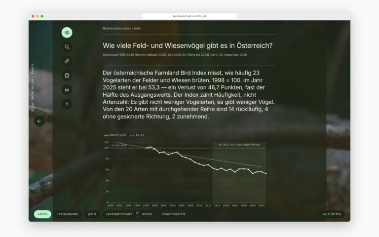 Seite zu den Feld- und Wiesenvögeln im Browserfenster: Frage, Antwort und Liniendiagramm des Feldvogelindex