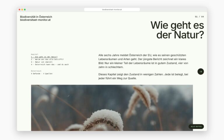 Kapitel „Wie geht es der Natur?“ von biodiversitaet-monitor.at im Browserfenster: großer Titel, Kapitelnavigation, Einleitung und Bild
